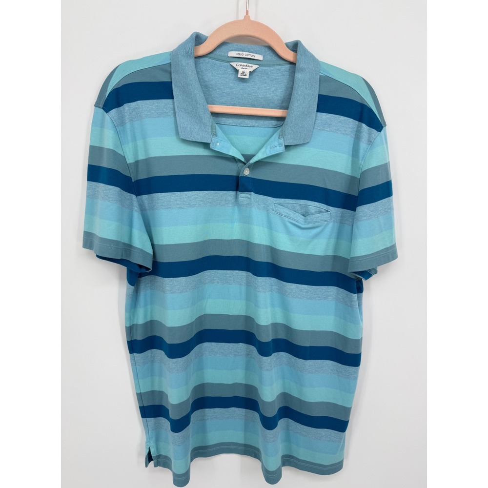 Calvin Klein Polo Shirt Mens XL Blue Striped Liquid Cotton Slim Fit Short Sleeve
